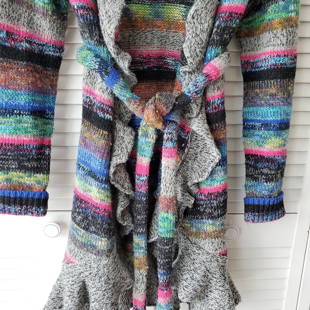 ANTHRO MOTH Rainbow Striped Knit Ruffle Cardigan M - Picture 4 of 6